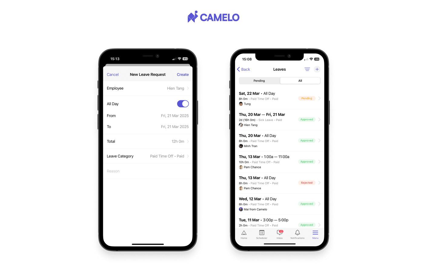 Request time off and manage time off requests on Camelo