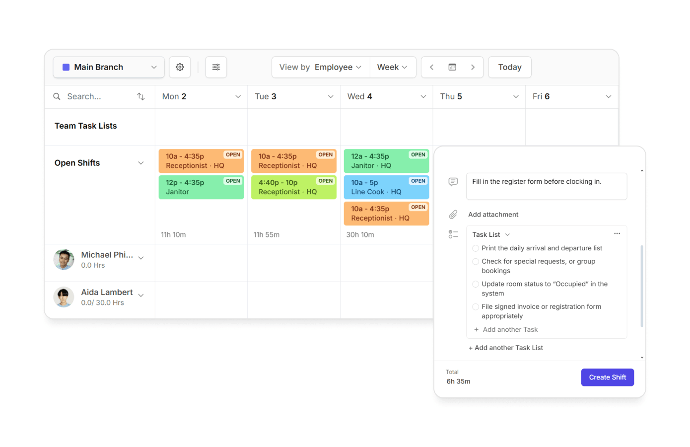 Open shift and task list on Camelo