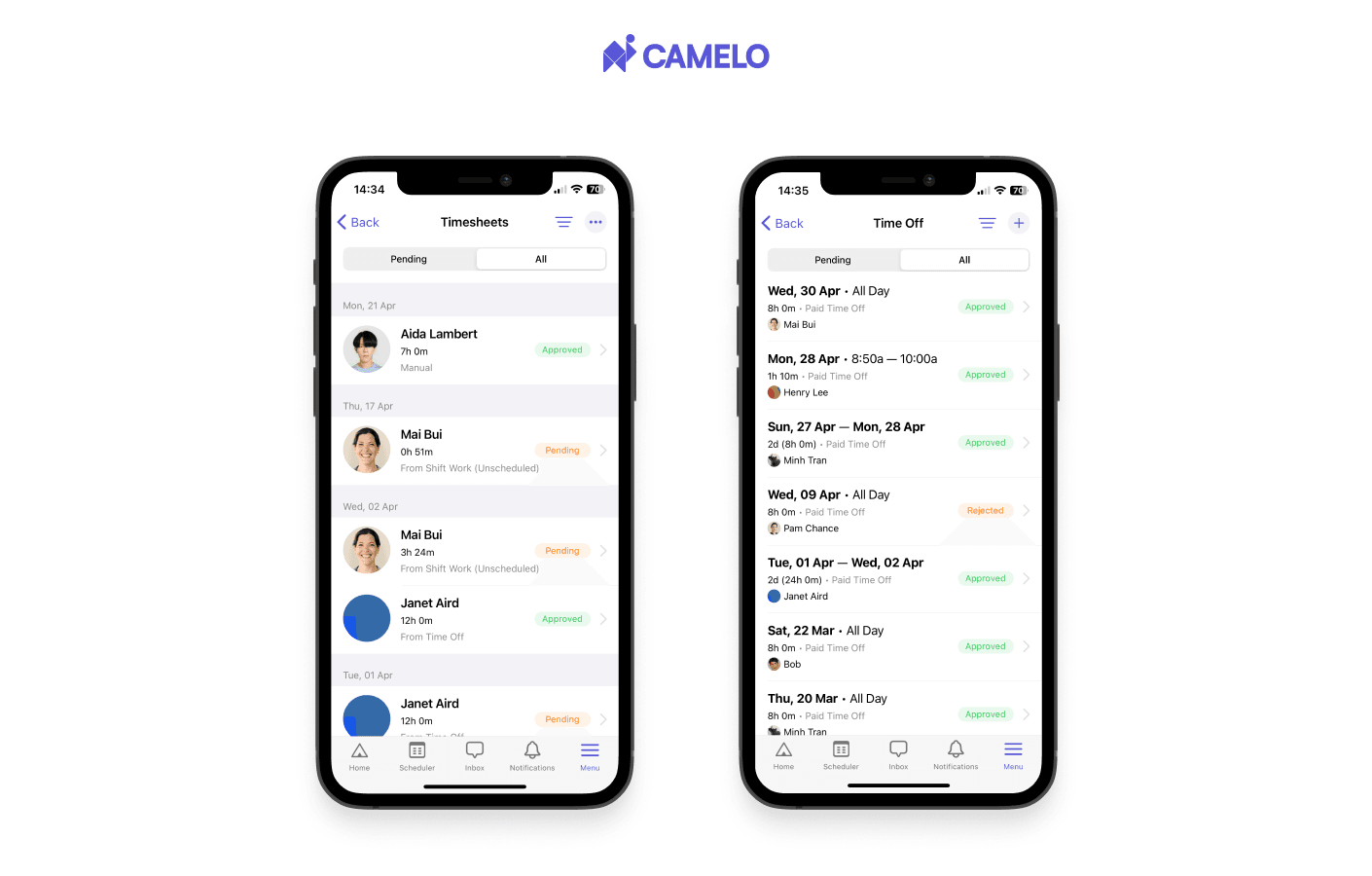 Timesheet and time off management on Camelo app