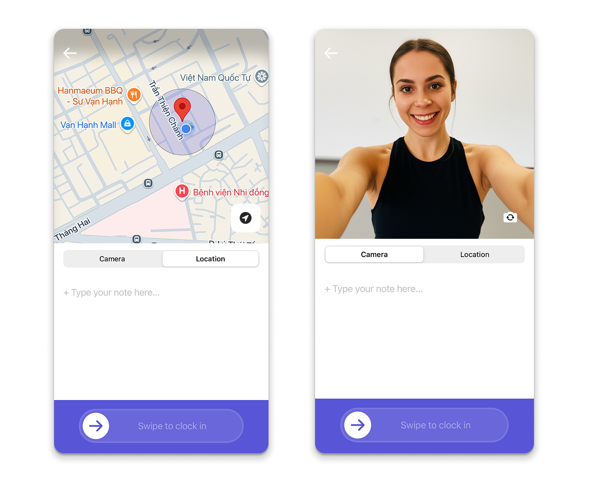 location and photo clock-in on Camelo