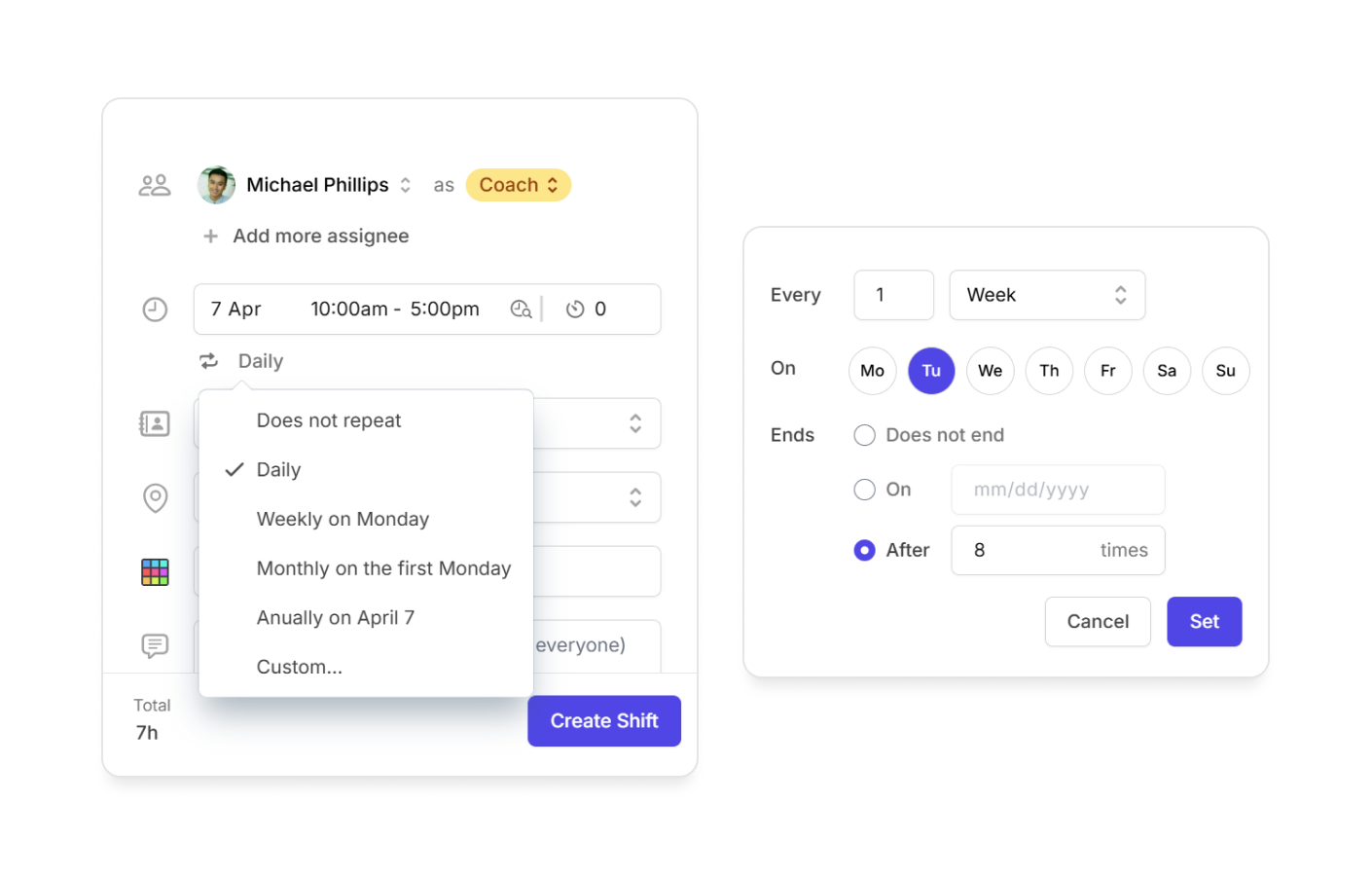 recurring shifts on Camelo employee scheduling app