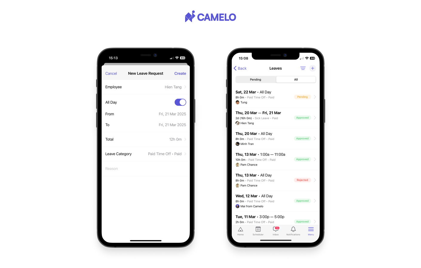 Request time off and manage time off requests on Camelo